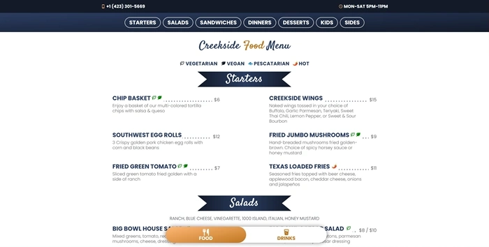 Creekside Menu Website Thumbnail