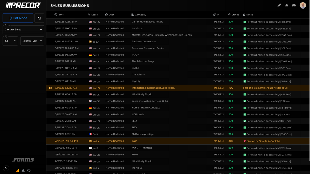 Precor Form Handler Website Thumbnail